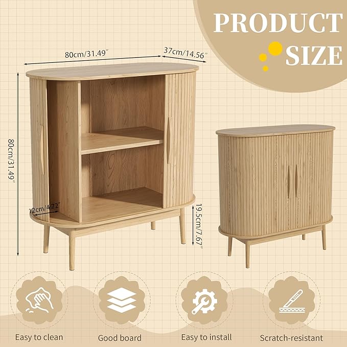 31" Small Sideboard Buffet Cabinet with Storage, Sliding Doors, Wooden Narrow Accent Storage Cabinet, Modern Buffet Table for Kitchen, Living Room (Wood)