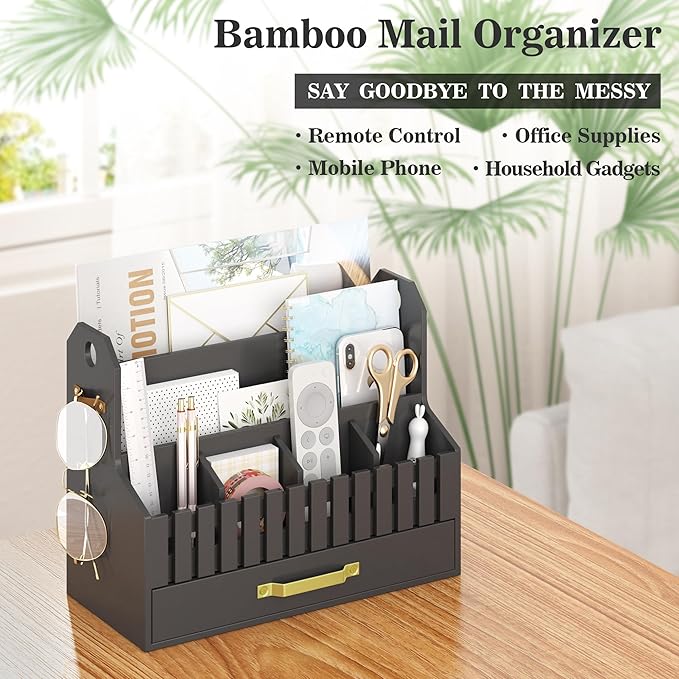 Bamboo Mail Organizer Countertop with Drawers, Wood Desk File Organizer Desktop Paper Organization Storage Bill & Letter Sorter Holder for School Home Office Supplies, No Assembly Required (Black)-NeatNest