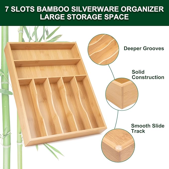 Bellsal Natural Utensil Organizer 12.5 Inch Silverware Organizer for Drawer Utensil Holder Cutlery Organizer Kitchen Drawer Organizer 7 Compartment Small Narrow Bamboo-NeatNest