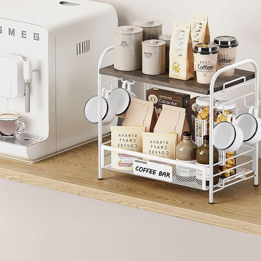 Coffee Bar Organizer for Countertop Station, Simple Assembly 2 Tier Shelf for Home,Office, Coffee Cup Holder Storage Organization for Counter Accessory Storage Rack with 4 Hooks Space-Saving-NeatNest