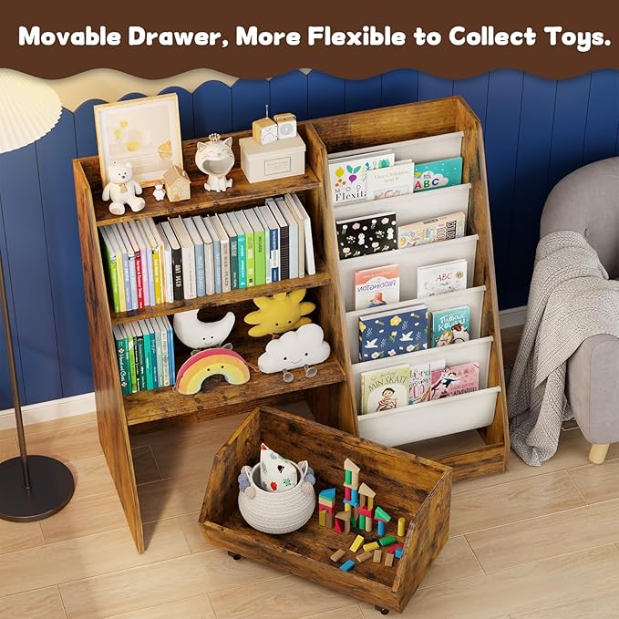 COZPAW Kids Bookshelf and Toy Storage, 4 Tier Toddler Bookshelf with Movable Drawer 5 Sling Pockets, Montessori Book Shelf for Kids Room, Playroom, Nursery (Brown)-NeatNest