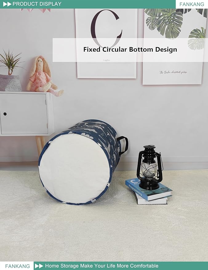 FANKANG Storage Basket, Nursery Hamper Canvas Laundry Basket Foldable with Waterproof PE Coating Large Storage Baskets for Kids Boys and Girls, Office, Bedroom, Clothes,Toys(Blue dinosaur)