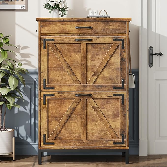 Shoe Storage Cabinet with 2 Flip Drawers, Narrow Shoe Cabinet for Entryway with 1 Top Drawer, Freestanding Hidden Shoe Rack Cabinet with Metal Legs for Foyer, Hallway (Rustic Brown)-NeatNest