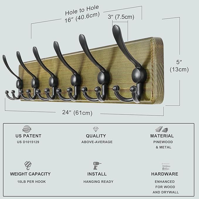 Dseap Coat Rack Wall Mounted - 24" Long 6 Tri Hooks, Heavy Duty Wooden Wall Coat Hanger Coat Hook for Clothes Hat Jacket Clothing, Weathered Green and Black
