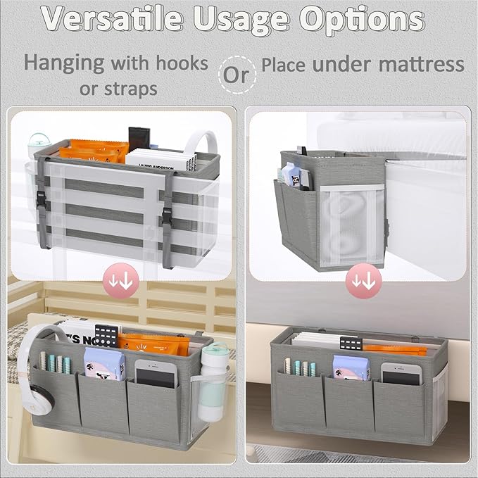 Dual-purpose Bedside Caddy Bedside Organizer, Bed Caddy with 6 Pockets, Versatile Bedside Storage Solution Magazine Remotes holder, ideal for Home, Dorm, Hospital, Crib Bed (Grey)-NeatNest