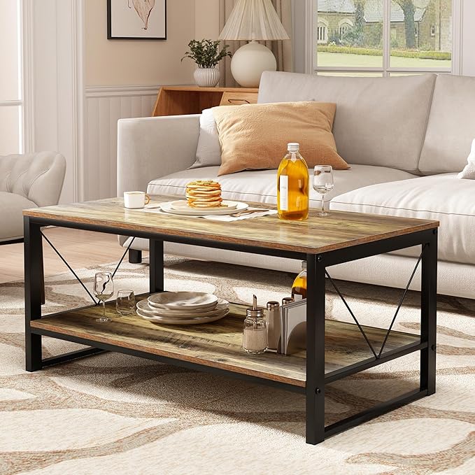 Rectangle Coffee Table Tea Table with Storage Shelf, Farmhouse Wooden Coffe Table for Living Room Table, 40" Rustic Center Table 2-Tier Minimalist Coffee Table Easy Assembly (Natural Wood)-NeatNest