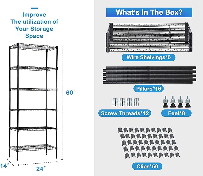 6-Tier Metal Wire Shelving Unit Snack Shelf Height Adjustable Storage Rack NSF Certified Storage Shelves 900 Lbs Capacity Standing Utility Shelf for Laundry Kitchen Pantry Garage Organization
