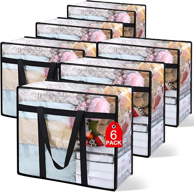 6Pack Clear Blanket Storage Bags, Vinyl Comforter Clothes Storage Closet Organizers and Storage Containers Moving Bags with Reinforced Handle for Bedding, Clothing, Comforters, Pillows, Toys,40L-NeatNest