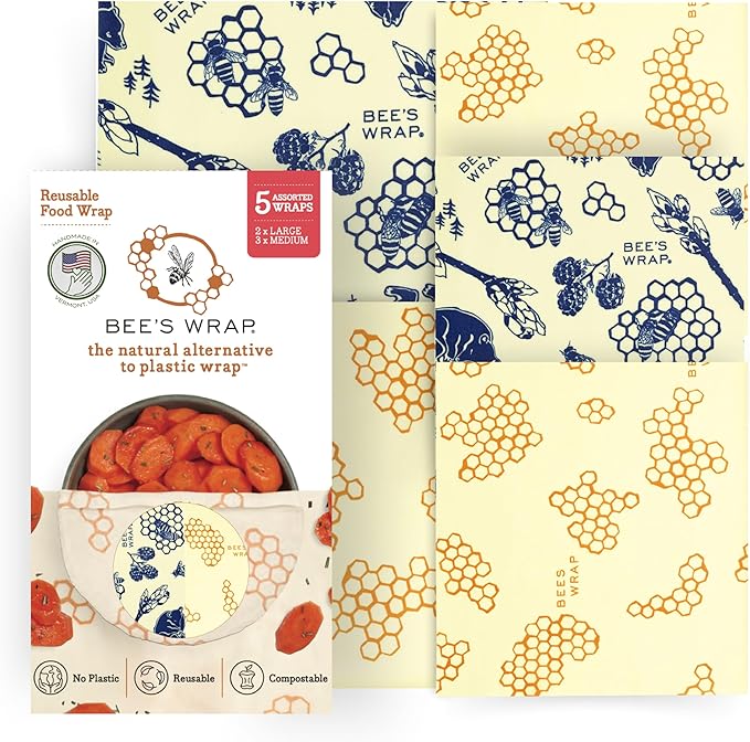 Bee's Wrap Beeswax Wraps for Food - Honeycomb & Bees + Bears Assorted 5 Pack (2L, 3M) Made in USA Reusable & Organic Food Wraps & Bowl Covers - Eco-Friendly Alternative to Aluminum Foil & Plastic Wrap-NeatNest