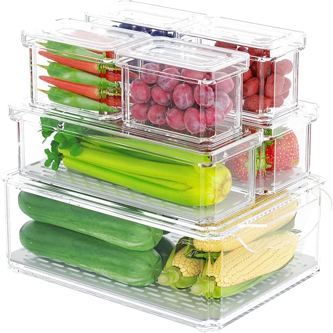 Refrigerator Organizers and Storage, 7 Pack Stackable Clear Drawer Storage Containers and Bins with Lids for Salad Bar, Fruits, Vegetables, Food, Produce, Kitchen and Fridge Organization