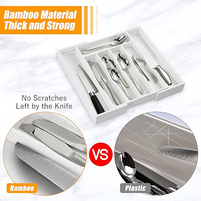 Bellsal White Silverware Organizer Kitchen Drawer Organizer Expandable Bamboo Utensil Holder Cutlery Tray for Kitchen Utensil and Flatware Bedroom Office-NeatNest