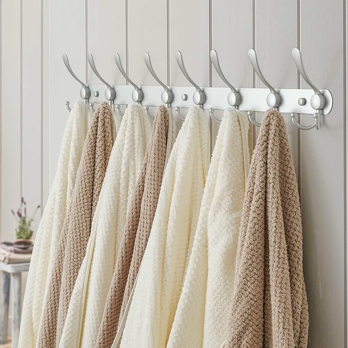 Dseap Coat Rack Wall Mount - 29.5” Long 8-Tri-Hooks Heavy Duty Coat Hanger Rail Wall Hooks for Hanging Coats Hats Clothing Clothes Purse Mudroom Entryway, Silver-NeatNest