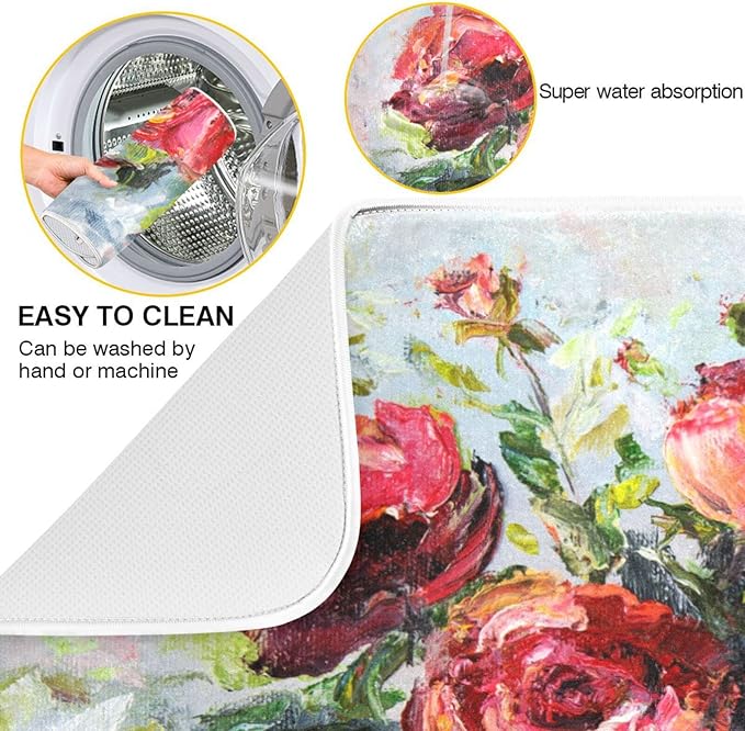 Absorbent Dish Drying Mat for Kitchen Counter - Red Rose Oil Painting Microfiber Drying Pad, Reversible Drainer Mats for Countertop, Large 18" x 24"