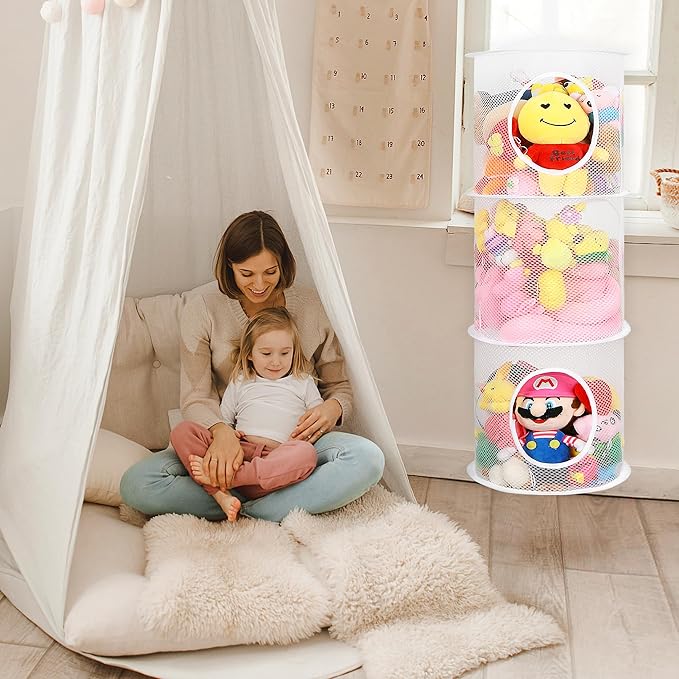 2Pcs Stuffed Animal Storage Foldable Stuffed Animal Net or Hammock Organizer, 3 Compartments Hanging Mesh Toy Storage Hammock for Kid Room Toys, Gloves, Hats, Socks(White)-NeatNest