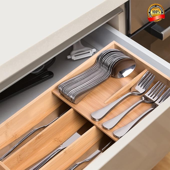 Bamboo Silverware Organizer, Kitchen Silverware Drawer Organizer, Utensil Tray Holder, Cutlery Tray for Spoons, Forks, Knives-NeatNest