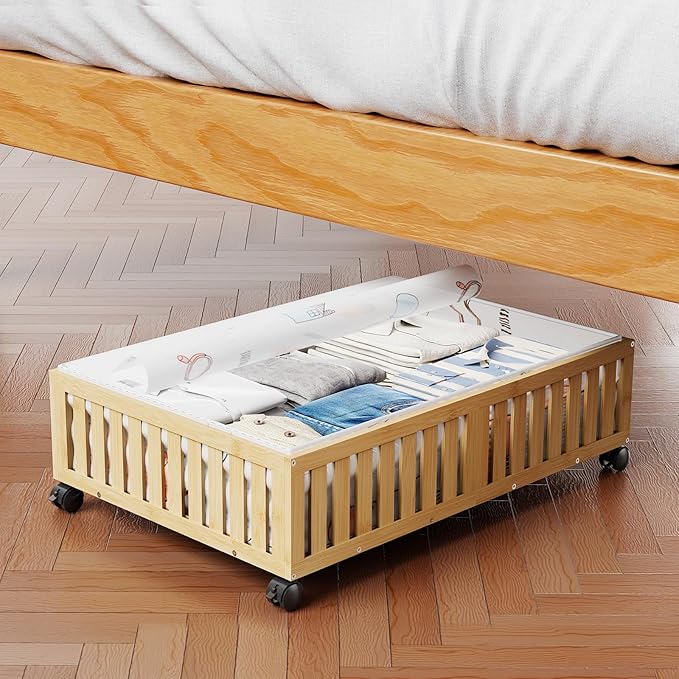 Bamboo Under Bed Storage Containers, UnderBed Storage with Wheels & 40L Large Capacity Dust Bag, Sturdy Rolling Under Bed Clothes Storage for Shoes Toy Book, Nature, 1Pack (24.02" × 16.54")-NeatNest
