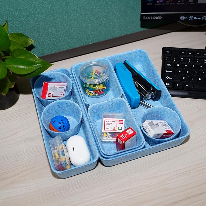 Felt Desk Drawer Organizer Tray,8 Pack Office Desk Drawer Dividers,Felt Drawer Small Round Storage Box For Saving Space,Makeup Drawer Organizer Bins.(Blue)-NeatNest