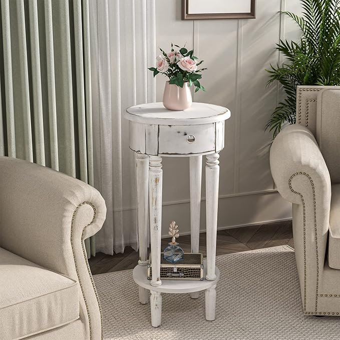 COSIEST Tall End Table with Drawer, Round Nightstand with Storage Shelf, Industrial Telephone End Table for Living Room, Bedroom, Hall Way, Space Saving Beige-NeatNest