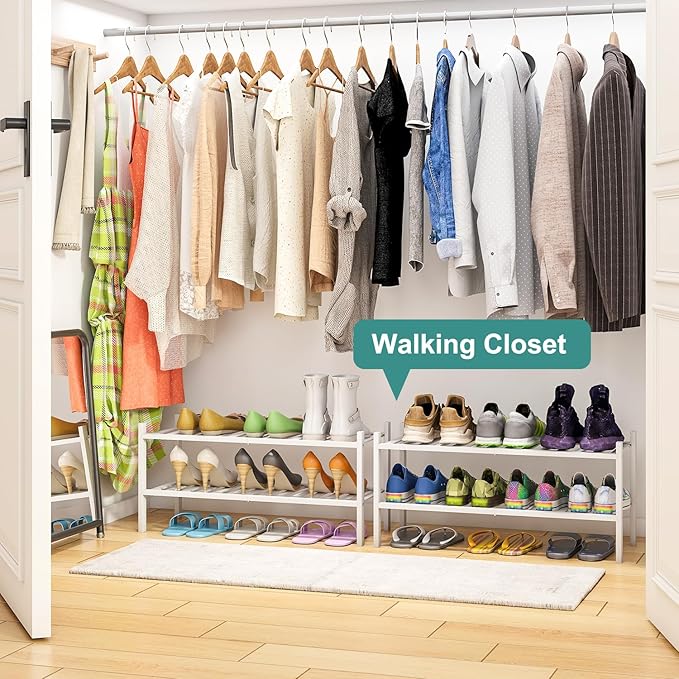 White Shoe Rack for Entryway, 2 Tier Shoe Organizer for Hallway Closet, Bamboo Wood Shoe Racks for Indoor Outdoor (White, 2-Tier)-NeatNest