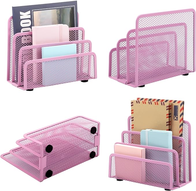 EASEPRES Desk Mail Organizer, Office Small Desktop Metal Mesh Envelope Letter Sorter Paper File Holder Organizer with 3 Vertical Upright Compartments, Pink 1 Pack