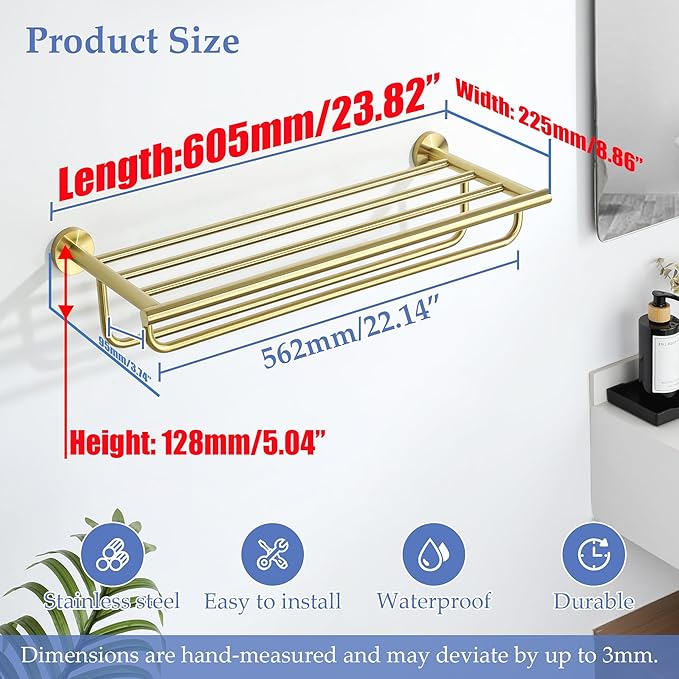 Alise 24 inch Towel Shelf with Double Towel Bars,Towel Rack for Bathroom,SUS 304 Stainless Steel Wall Mount Towel Holder Storage,Brushed Gold,GYT7060-G
