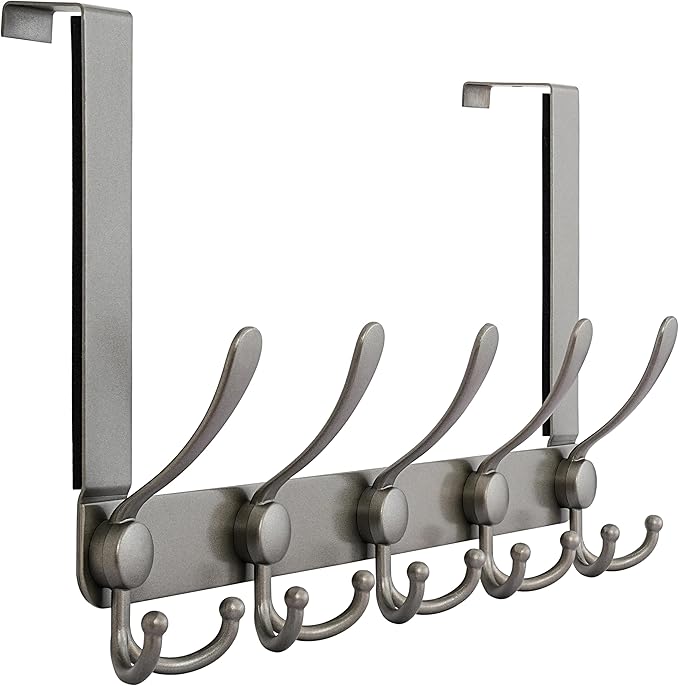 Dseap Over The Door Hook Hanger - 5 Tri Hooks, Heavy Duty Over The Door Towel Rack Coat Rack for Clothes Hat Towel, Grey