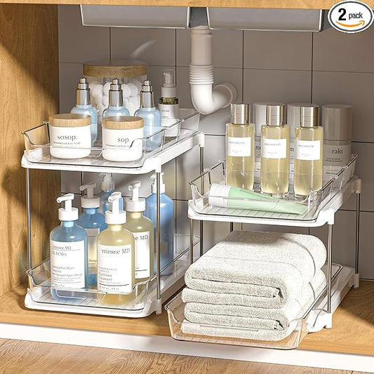 Delamu 2 Sets of 2-Tier Multi-Purpose Bathroom Under Sink Organizers and Storage, Stackable Kitchen Pantry Organization, Pull Out Medicine Cabinet Organizer with 8 Movable Dividers-NeatNest