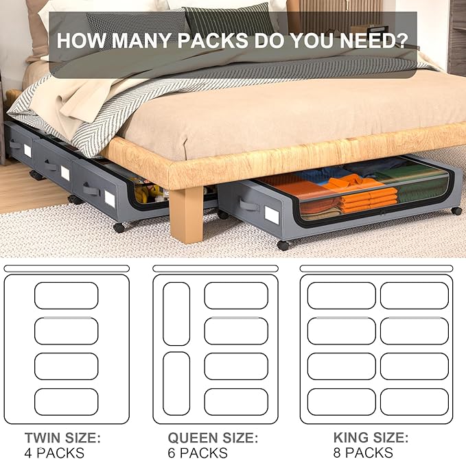 GoMaihe Under Bed Storage with Wheels: XXL Underbed Storage Containers with Lids - Rolling Bins for Shoes Clothes in Dorm Bedroom - Metal Drawers Easy Pull-out Grey 2-Pack-NeatNest