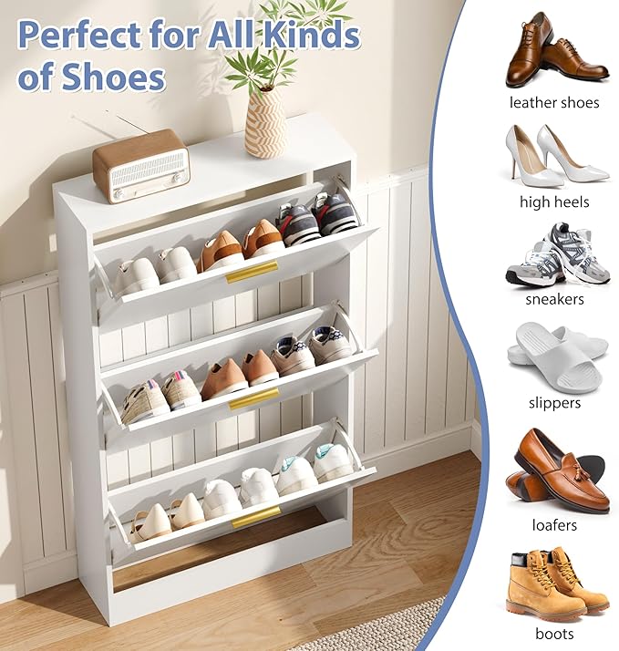 Shoe Cabinet Storage for Entryway, Shoe Cabinet with 3 Flip Drawers, White Modern Shoe Organizer Wood, Freestanding Small Thin Shoe Racks with Doors, White-NeatNest