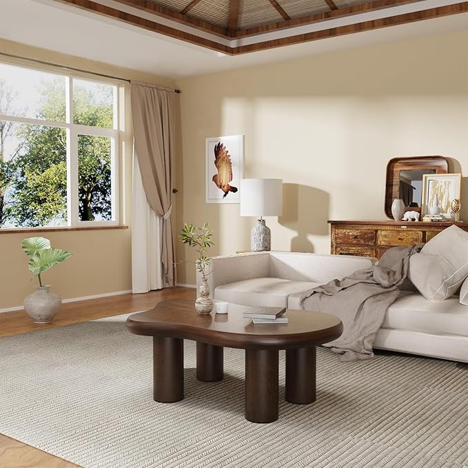 Cloud Coffee Table 46" Dark Brown Wood Coffee Table with 4 Sturdy Legs Mid-Century Modern Center Table Tea Table for Living Room Bedroom Office (Clouds Brown)-NeatNest