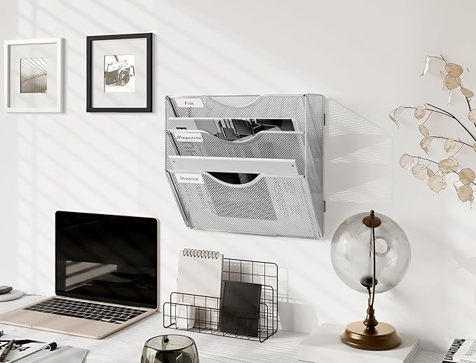 EasyPAG 3 Pocket Wall File Organizer, Silver | Metal Mesh Wall Mounted File Holder | Assembly Hanging Mail Organizer | Replaceable Classify Labels | Office Home Letter Size Paper Storage