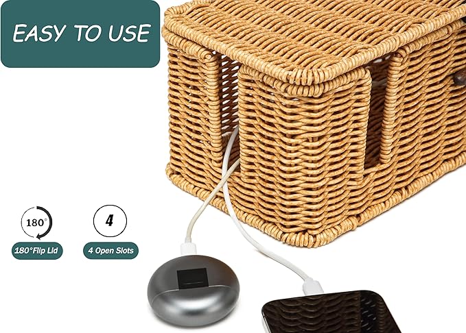 Handwoven Synthetic Rattan Cable Organizer Box with Lid,with 4 Open Slots,Cord Organizer Box Cord Storage Basket for Computer Router USB Hub and Power Strip