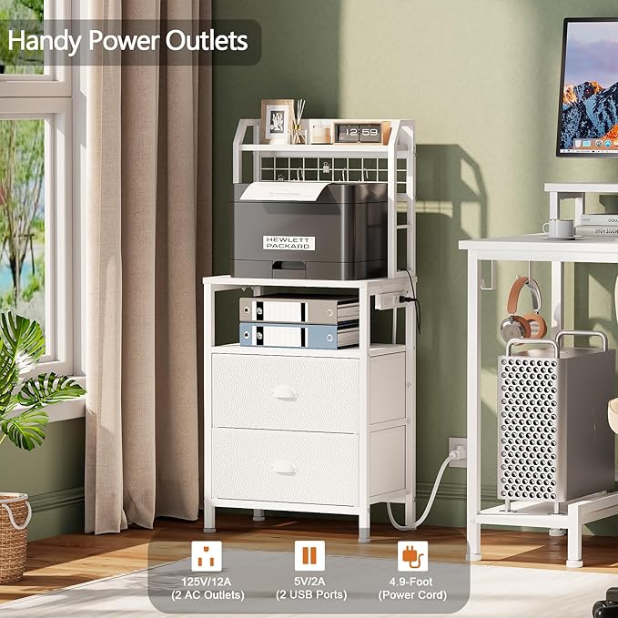 Furologee 40'' Tall Nightstand with Charging Station, Bedside Table with LED Lights, End Table with 2 Drawers and Storage Shelves, Night Stand with Pegboard for Bedroom, White