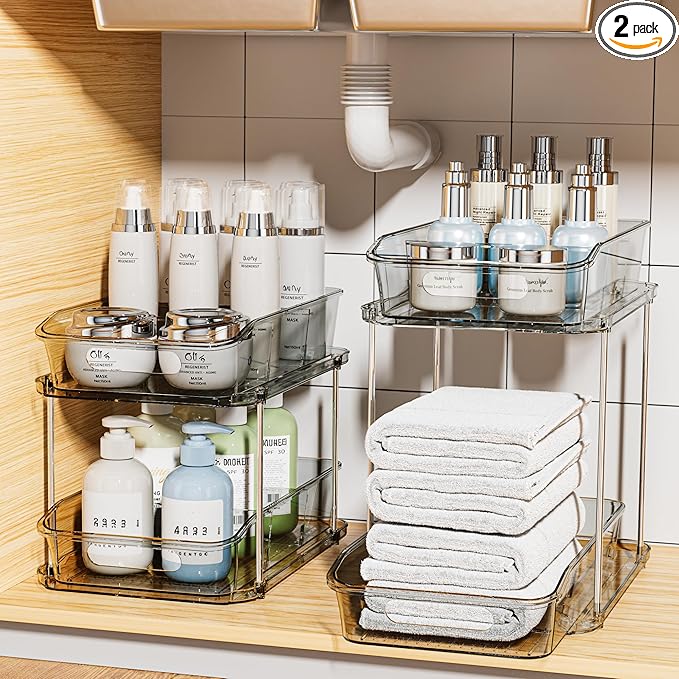 Delamu 2 Sets of 2-Tier Clear Under Sink Organizers and Storage, Multi-Purpose Stackable Bathroom Cabinet organizers, Grey-NeatNest