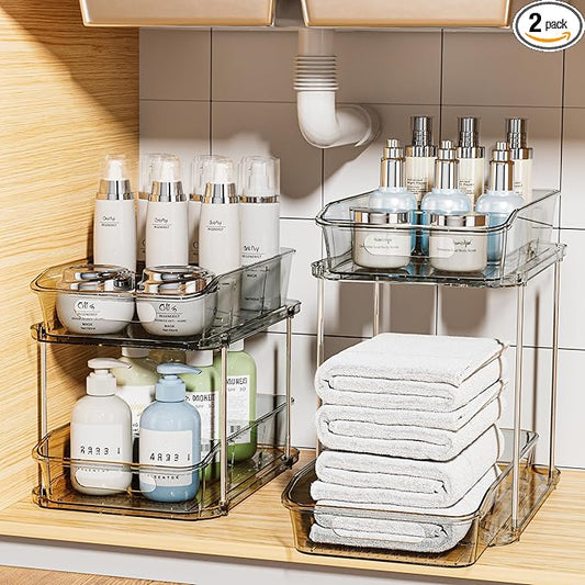 Delamu 2 Sets of 2-Tier Clear Under Sink Organizers and Storage, Multi-Purpose Stackable Bathroom Cabinet organizers, Grey-NeatNest