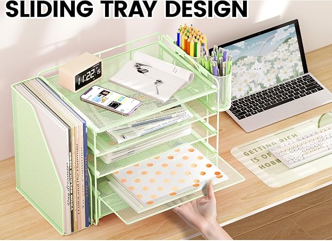 Desk Organizers and Accessories, 5-Tier Paper File Organizer with Drawer & Pen Holder, Office Desk Accessories Workspace Desktop Organizer for Office Supplies((Green)-NeatNest