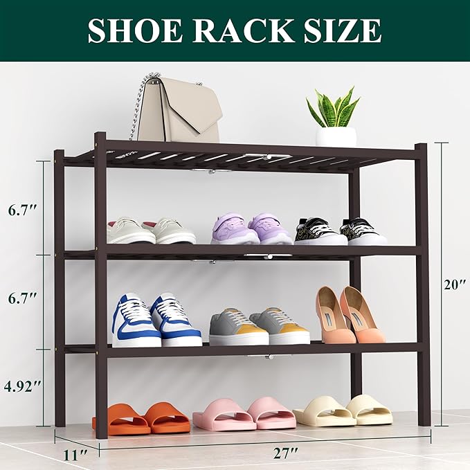 Smiry Shoe Rack, 3 Tier Thick Bamboo Shoe Organizer, Stackable Free Standing Wooden Shoe Storage Shelf for Closet, Entryway, Front Door Entrance, Brown-NeatNest