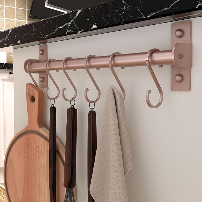 Dseap Kitchen Utensil Holder Hanger, Pot and Pan Rack Wall Mounted, Kitchen Rail with 8 Hooks for Hanging Cooking Utensils, Mugs, Spoons, Wall Mounted, Rose Gold-NeatNest