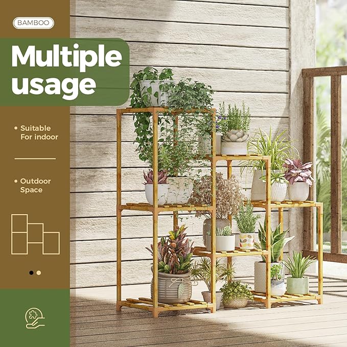 Bamworld Bamboo Plant Stand Indoor Boho Plant Shelf Tiered Plant Rack for Multiple Plants 3 Tiers 7 Pots Ladder Plant Holder Plant Table for Plant Pots Home Decor for Gardening Gifts Nature Color