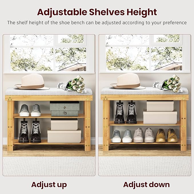 ROOMTEC Bamboo Shoe Bench, 3-Tier Shoe Rack, Entryway Bench with Cushion and Adjustable Shelves, Shoe Rack for Entryway, Hallway, Mudroom and Living Room, Bamboo