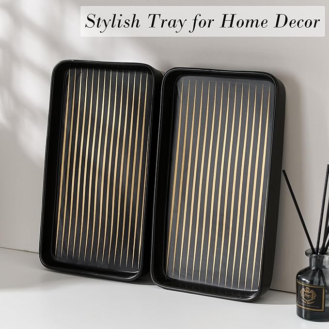 Bathroom Vanity Tray for Countertop,2PC Rectangle Striped Tray,Decorative Bathroom Organizer for Scrubber, Lotion Bottles, Perfume, Jewelry, Candle, Key Trinket Ring(Large,Black)-NeatNest