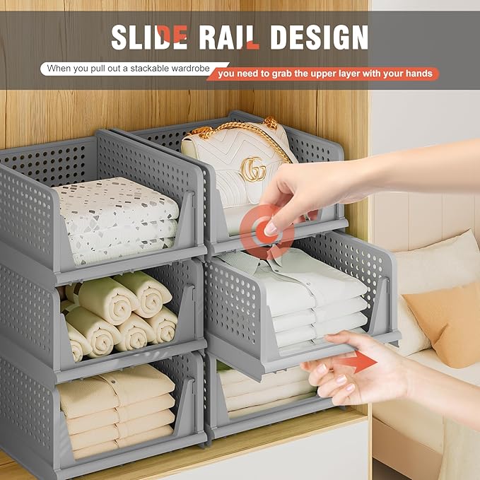 Neprock Clothes Storage - 4 Pack Plastic Drawer Organizers, Stackable Closet System for Towel, T-Shirt, Sweater (4L Gray)