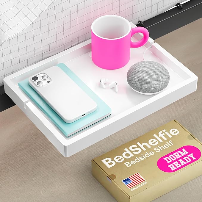 BedShelfie Bedside Shelf for Bunk Bed & Top Bunk, College Dorm Room Essentials, Loft Nightstand, Floating Bed Side Table Tray Storage, Dorm Room Decor by Smallish - (Flexfit Model, White)-NeatNest