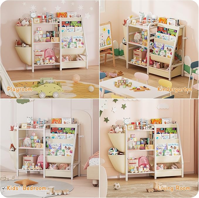 B3 Kids Bookshelf and Toy Storage, Book Shelf for Kids Rooms, Toddler Bookshelf for Small Spaces, 3-Tier Sling Montessori Baby Bookcase for Nursery, Bedroom, Playroom, White
