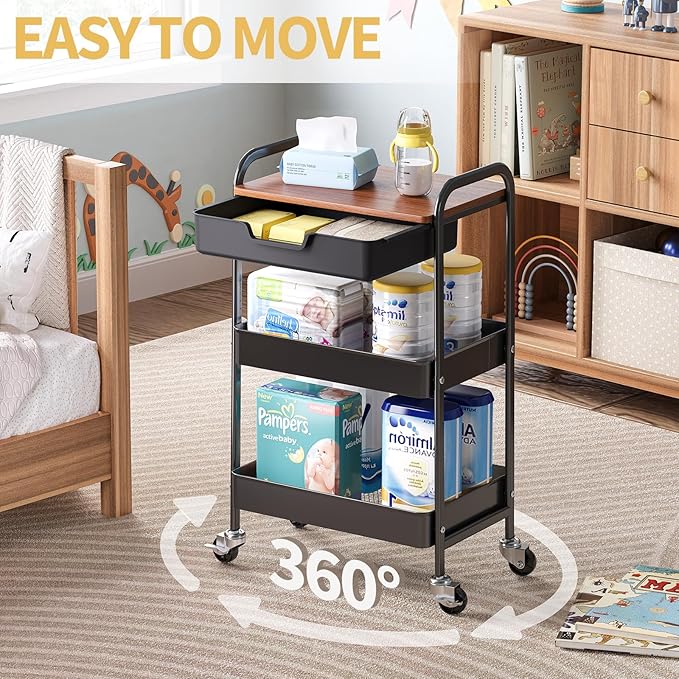 TOOLF 3-Tier Utility Rolling Cart with Wooden Board and Drawer, Metal Storage Cart with Handle, Black Trolley Kitchen Organizer Rolling Desk with Locking Wheels for Office, Classroom, Home, Bedroom-NeatNest