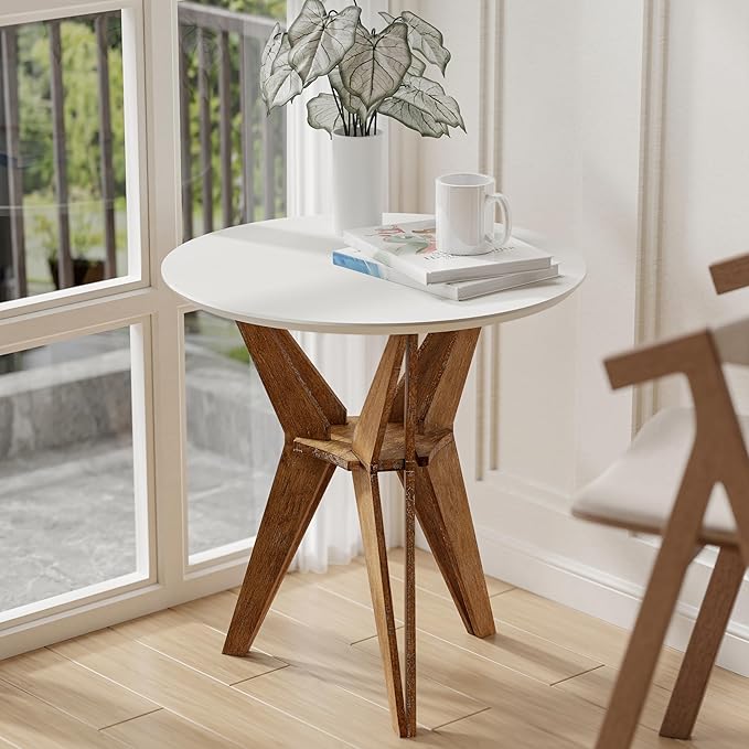 Farmhouse End Table Distressed Wood Side Table with Crisscross Legs and X Legs, Accent Table with White Top and Tripod Base for Living Room, Office, Boho Decor, Modern Rustic, Nature, Round