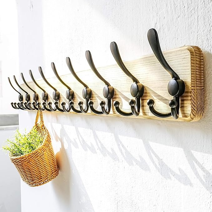 Dseap Coat Rack Wall Mount - 38-1/4" Long, Heavy-Duty, 10-tri-Hooks, Rustic Wooden Wall Coat Hanger Hook Rail for Winter Coats Hat Jacket Clothing, Light Brown & Black, Pack of 2