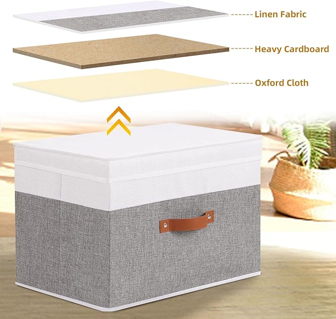 Fabric Storage Boxes with Lids, Linen Foldable Cloth Baskets, 17.7 x 11.8 x 11.8 Inch Closet Organizer Containers with Double Handles, Sweater Bins for Bedroom, White and Grey, 1 Pack-NeatNest
