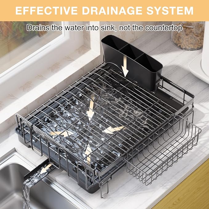 Dish Drying Rack Extendable Dish Rack Rustproof Carbon Steel with Drainboard & Cutlery Holder – Extra Large Capacity Dish Drainer Countertop Dish Strainer for Kitchen Utensils, Plates, Spoons & Forks