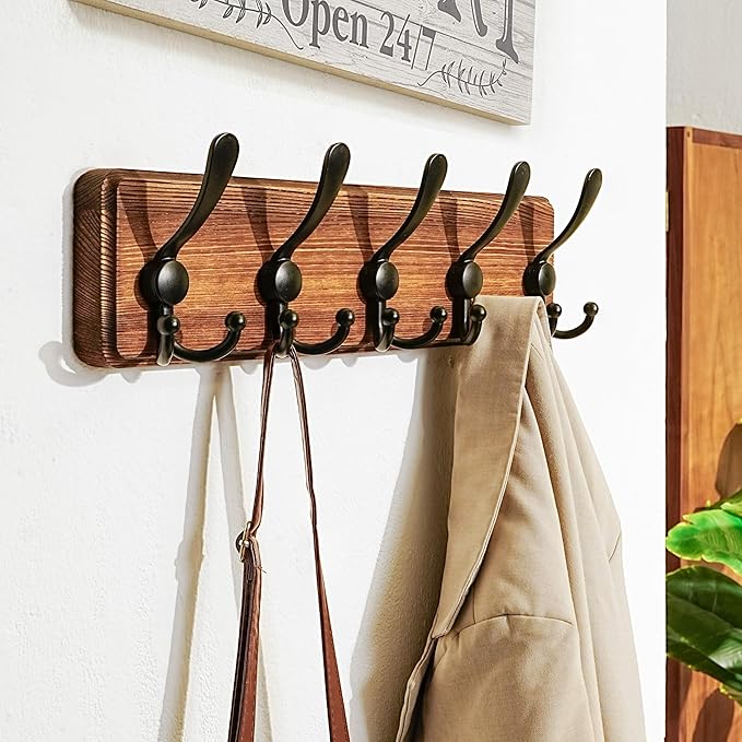 Dseap Coat Rack Wall Mounted - 5 Tri Hooks, Heavy Duty, Wooden Wall Coat Hanger Coat Hook for Clothes Hat Jacket Clothing, Natural & Black